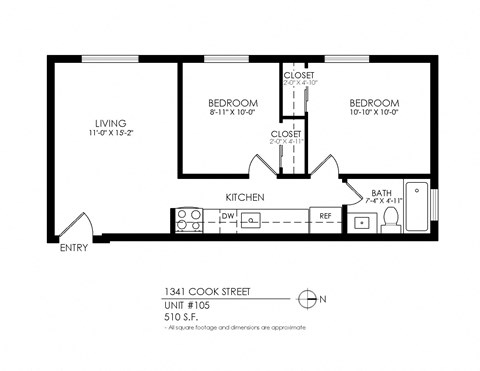 Floor plan for 2 beds, 1 bath, 525 sqft